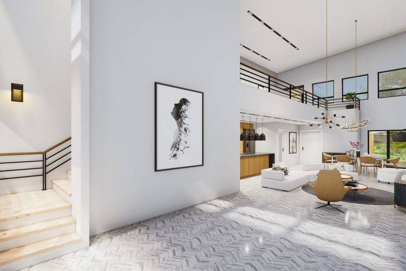 Modern living room featuring sleek furniture, large windows, and abundant natural light for a spacious feel.