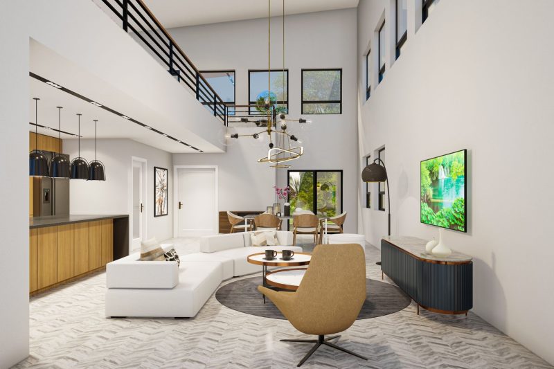 Elegant modern living room featuring sleek furniture, minimalist decor, and natural light streaming through large windows.